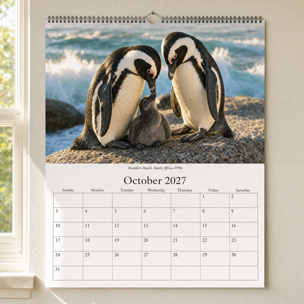 Penguins edition, October 2027 - a penguin pair with their chick between their feet