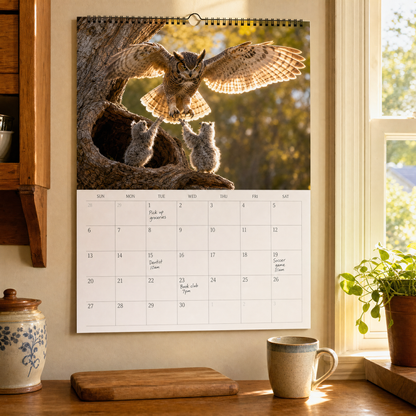 The calendar hanging on a sunny kitchen wall with appointments written in