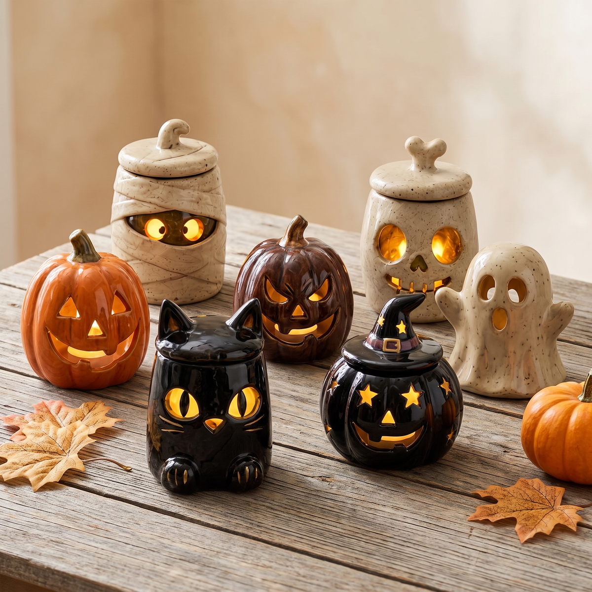 All seven handmade ceramic monster tealight lanterns lit on a wooden table