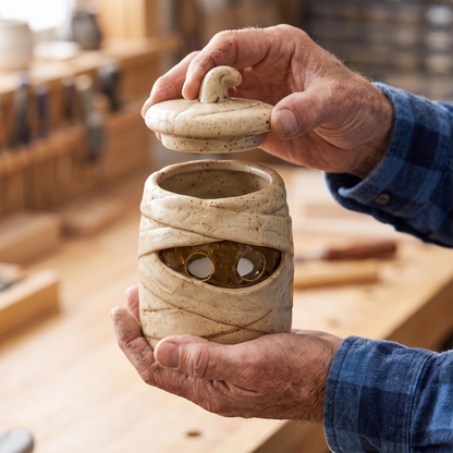 The mummy lantern held in one hand with the chimney lid lifted, showing its size