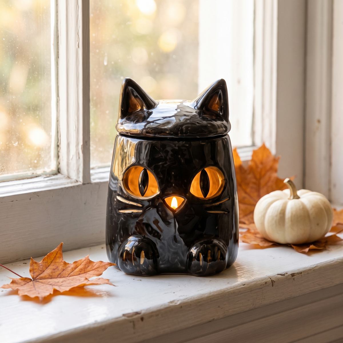 The black cat lantern lit on a windowsill with autumn leaves