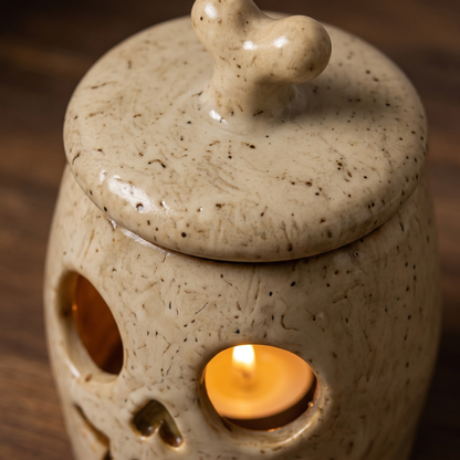Close-up of the iron-speckled glaze and cut eye opening on the skull lantern