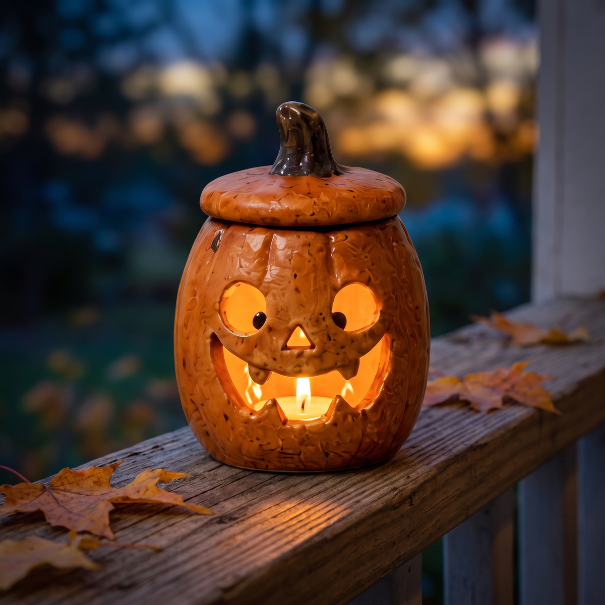The jack-o-lantern lit with a real candle on a porch rail at dusk