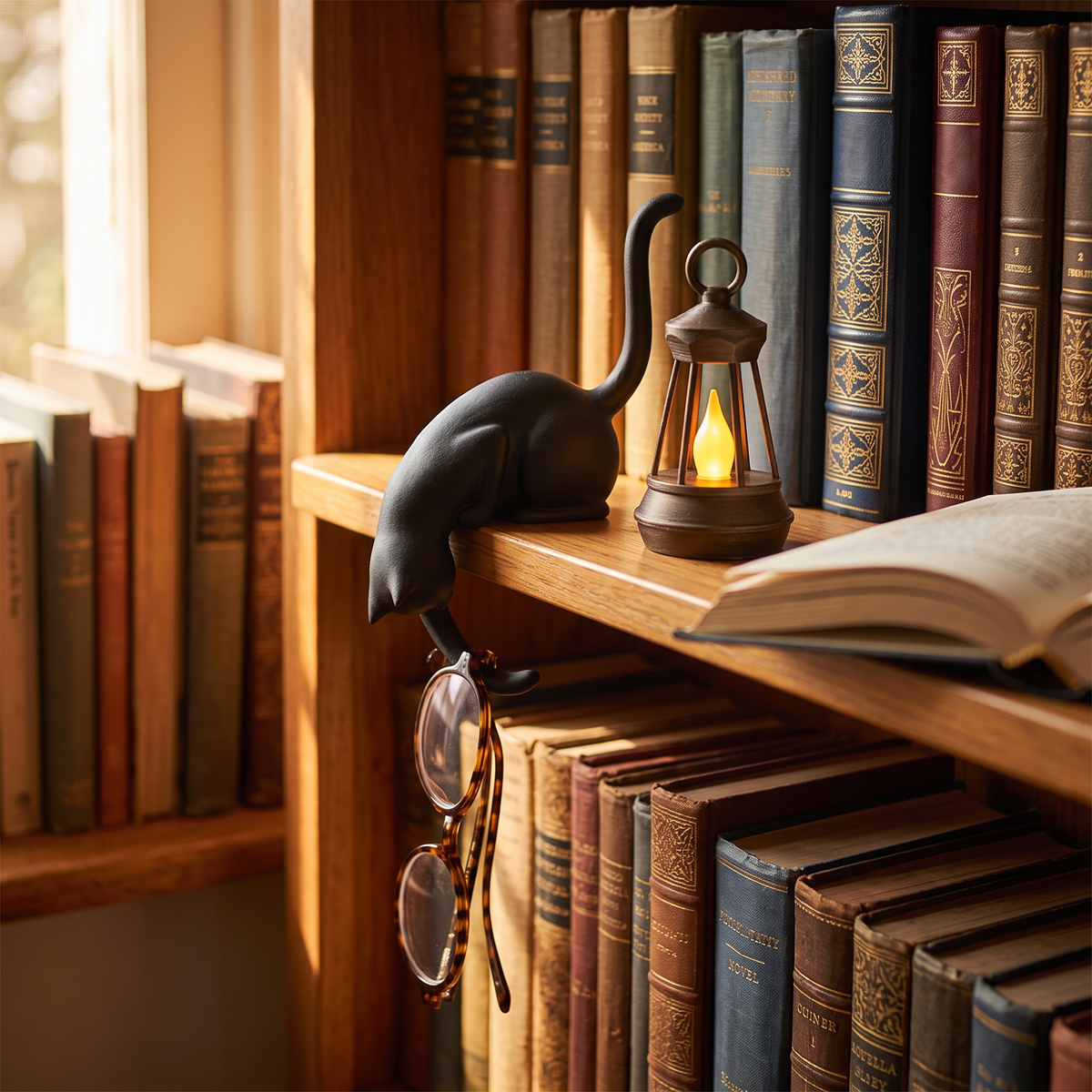 Reading glasses hanging from the paw hook on a bookshelf, lantern lit beside an open novel