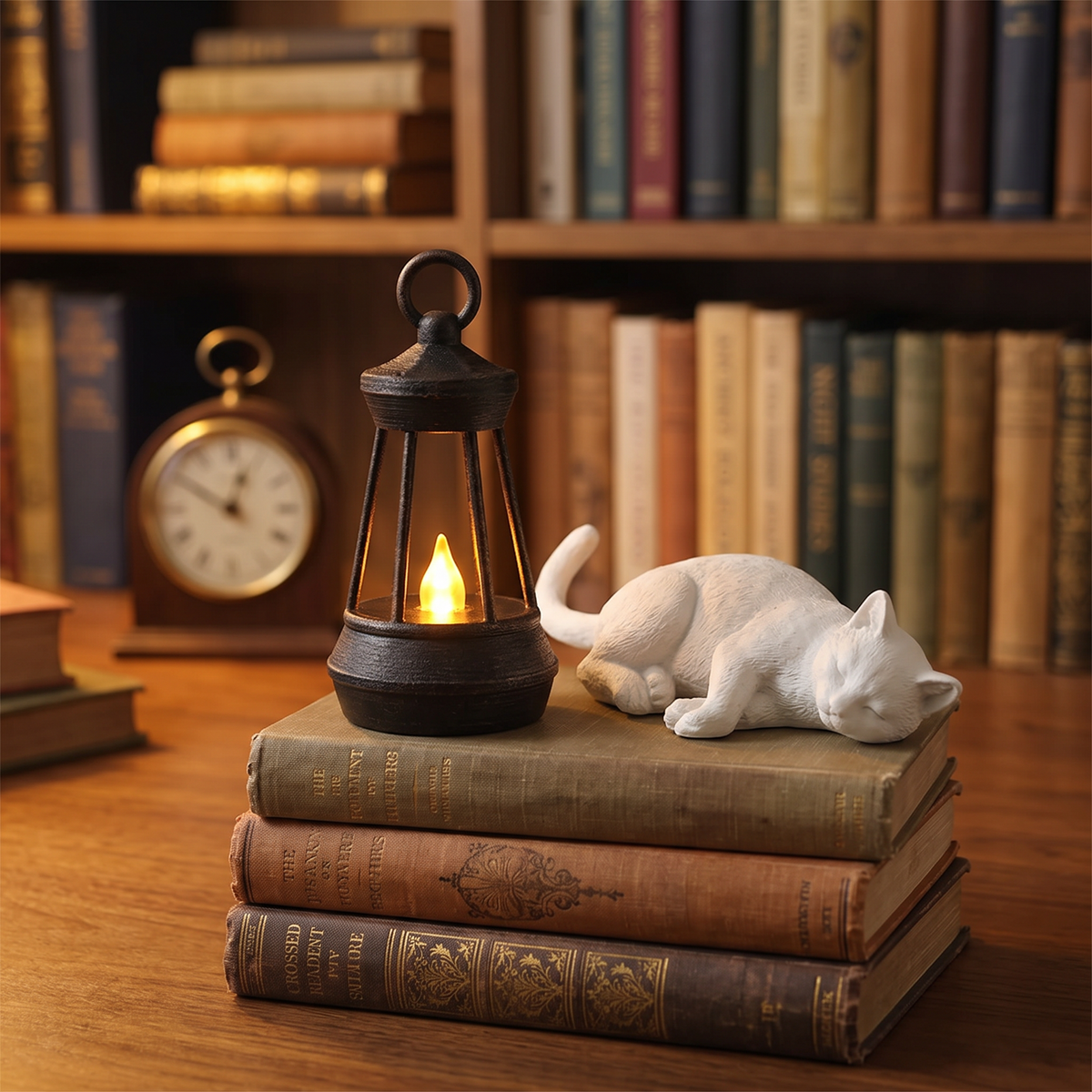 Cat figure and lantern resting on a stack of old clothbound books in a study