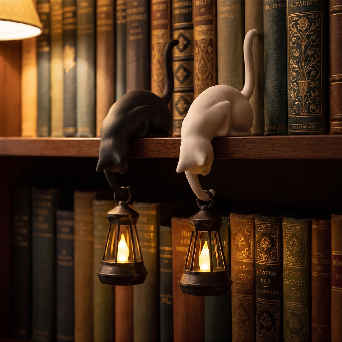 Ink Black and Bone White cat lanterns together on a full bookshelf in a home library
