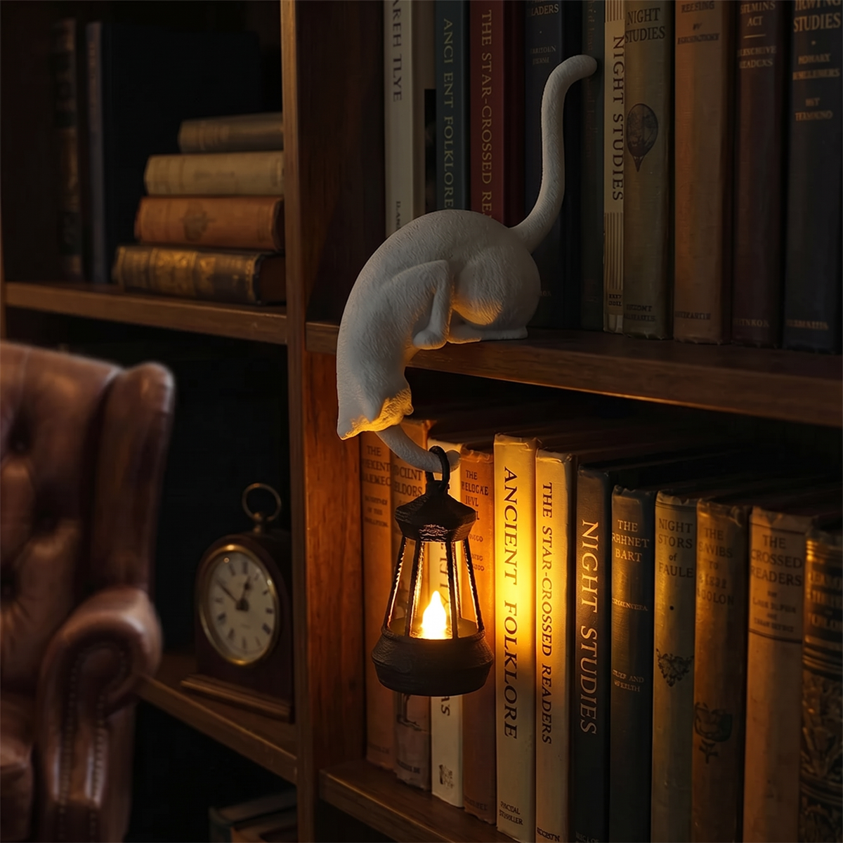 Bone White cat lantern draped over a walnut bookcase shelf, lantern glowing against the spines