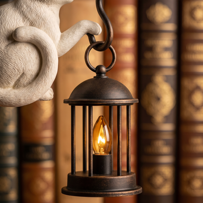 Macro of the paw hook carrying the lantern ring against warm blurred book spines