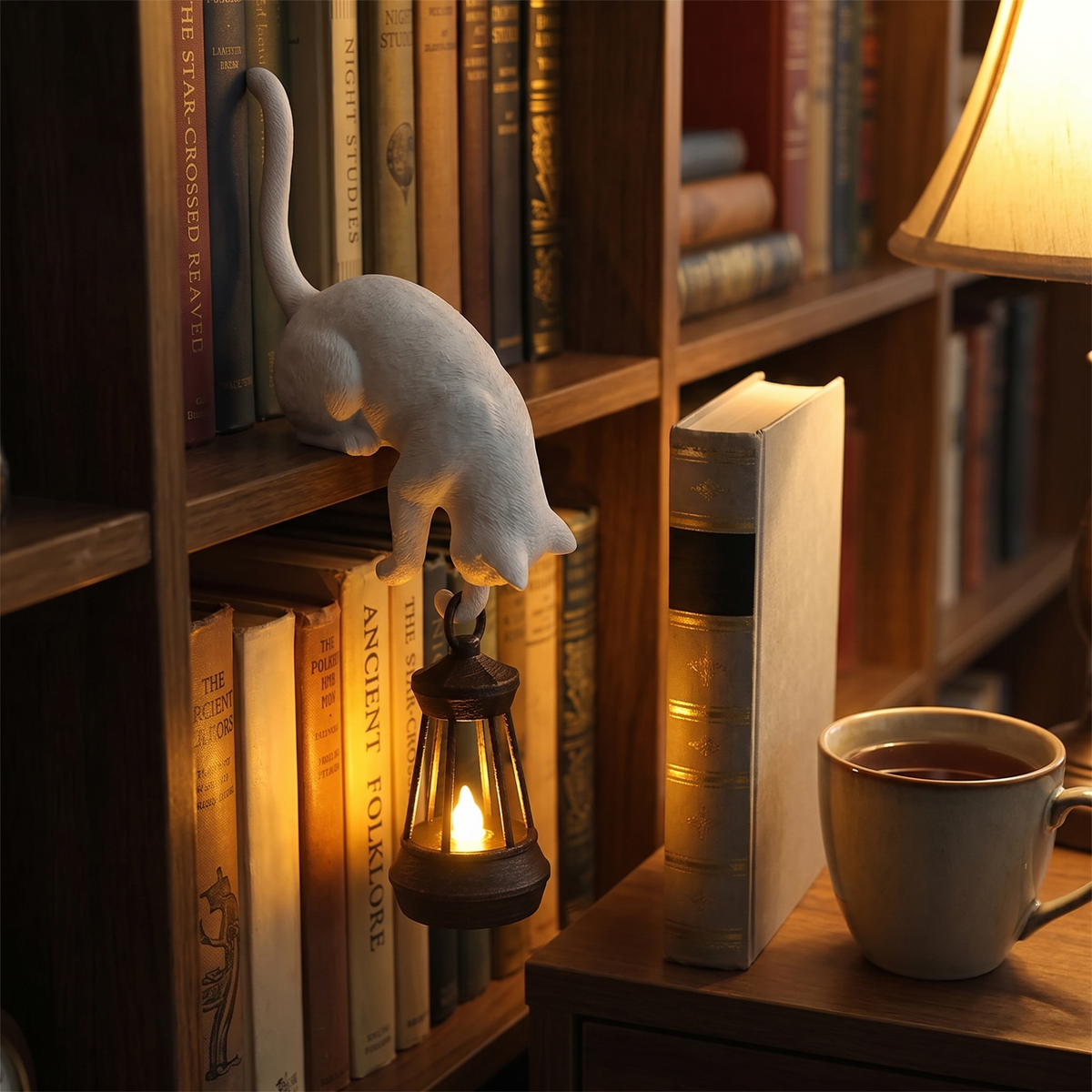 Cat lantern on a bookshelf beside a standing book and a mug of tea, showing its size