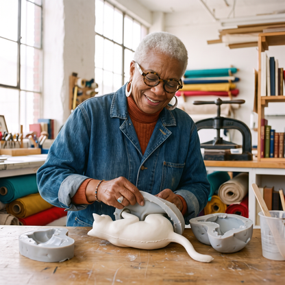 Elsie Thorne peeling the silicone mould off a freshly cast cat figure at her bench