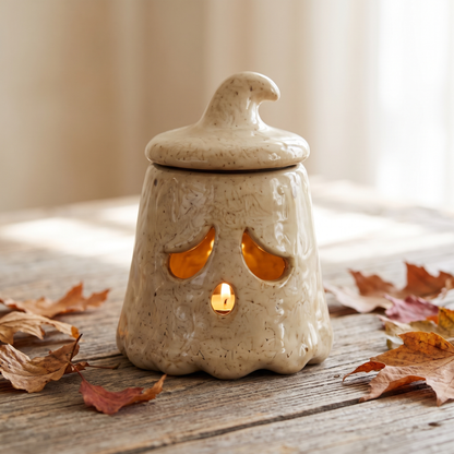 The Ghost lantern lit on a wooden table