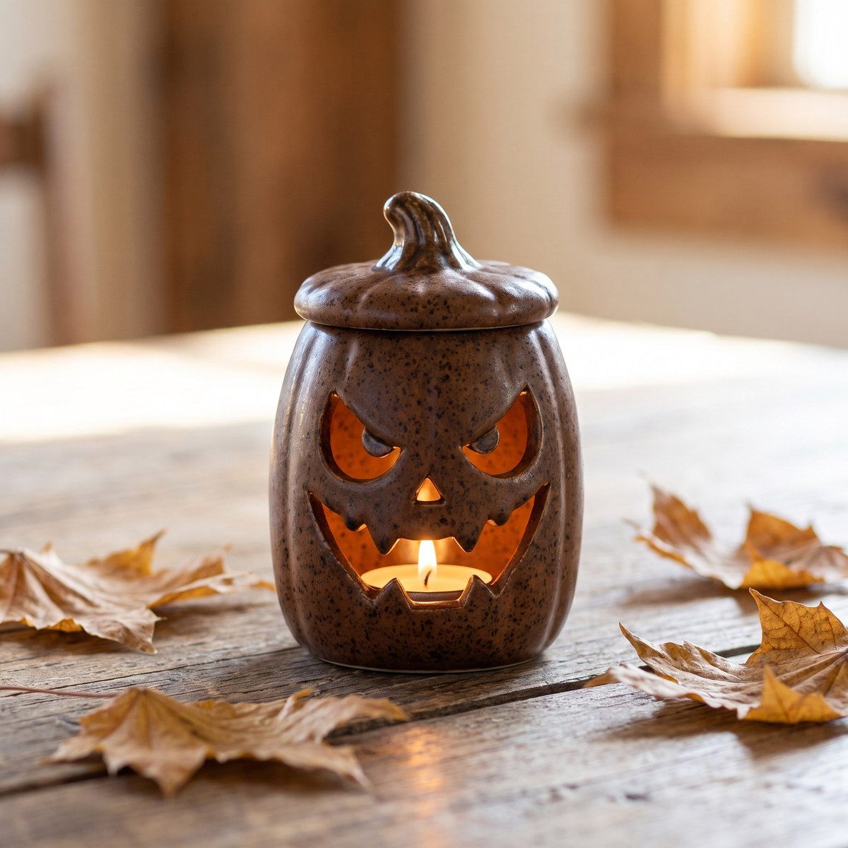 The Wicked Pumpkin lantern lit on a wooden table
