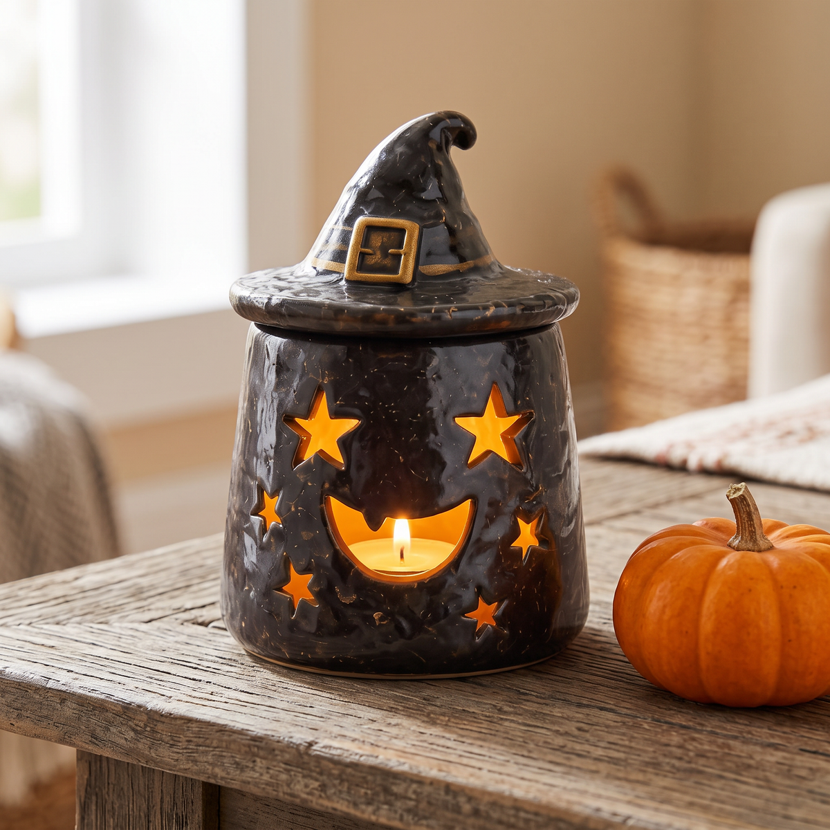 The Witch's Hat Pumpkin lantern lit on a wooden table
