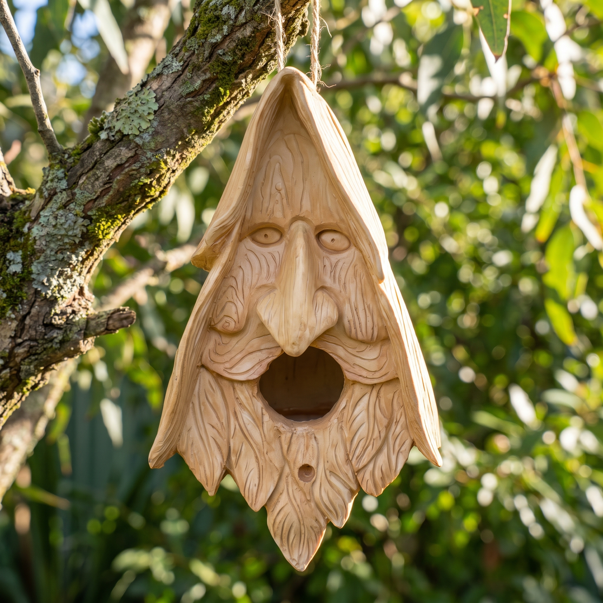 Wood spirit birdhouse hanging from a eucalypt branch in an Australian garden