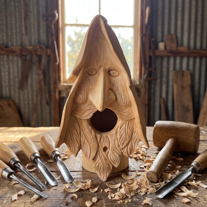 The birdhouse on the workbench beside carving gouges and shavings