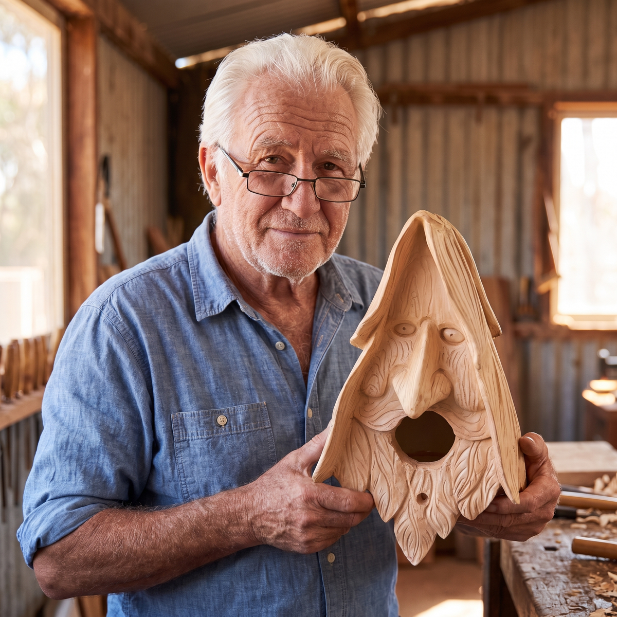 Clem Hollis holding one of his last hand-carved wood spirit birdhouses