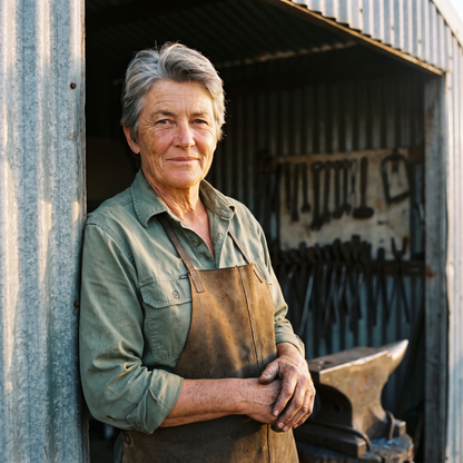 Bron Kelleher, blacksmith, at her corrugated-iron forge at Franklin, Tasmania
