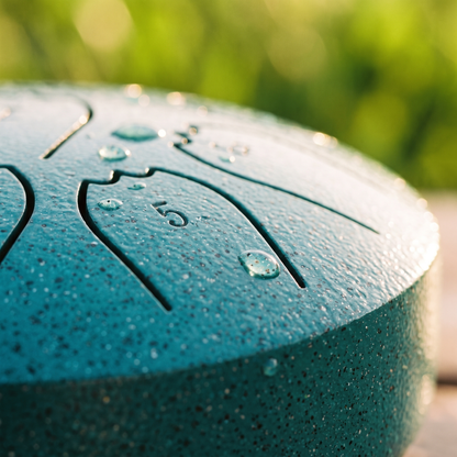 Macro of the pearl-flecked surface and stamped note number on a rain drum