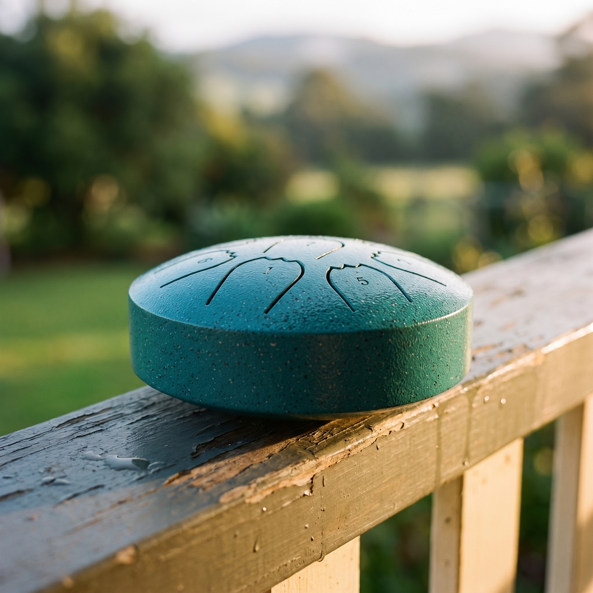 Rain drum on the verandah rail of a weatherboard cottage