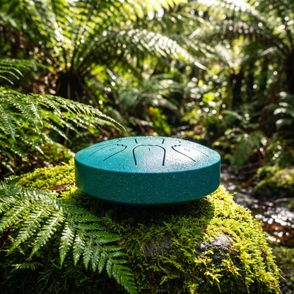 Hand-tuned teal rain drum on a mossy rock in a Tasmanian fern gully