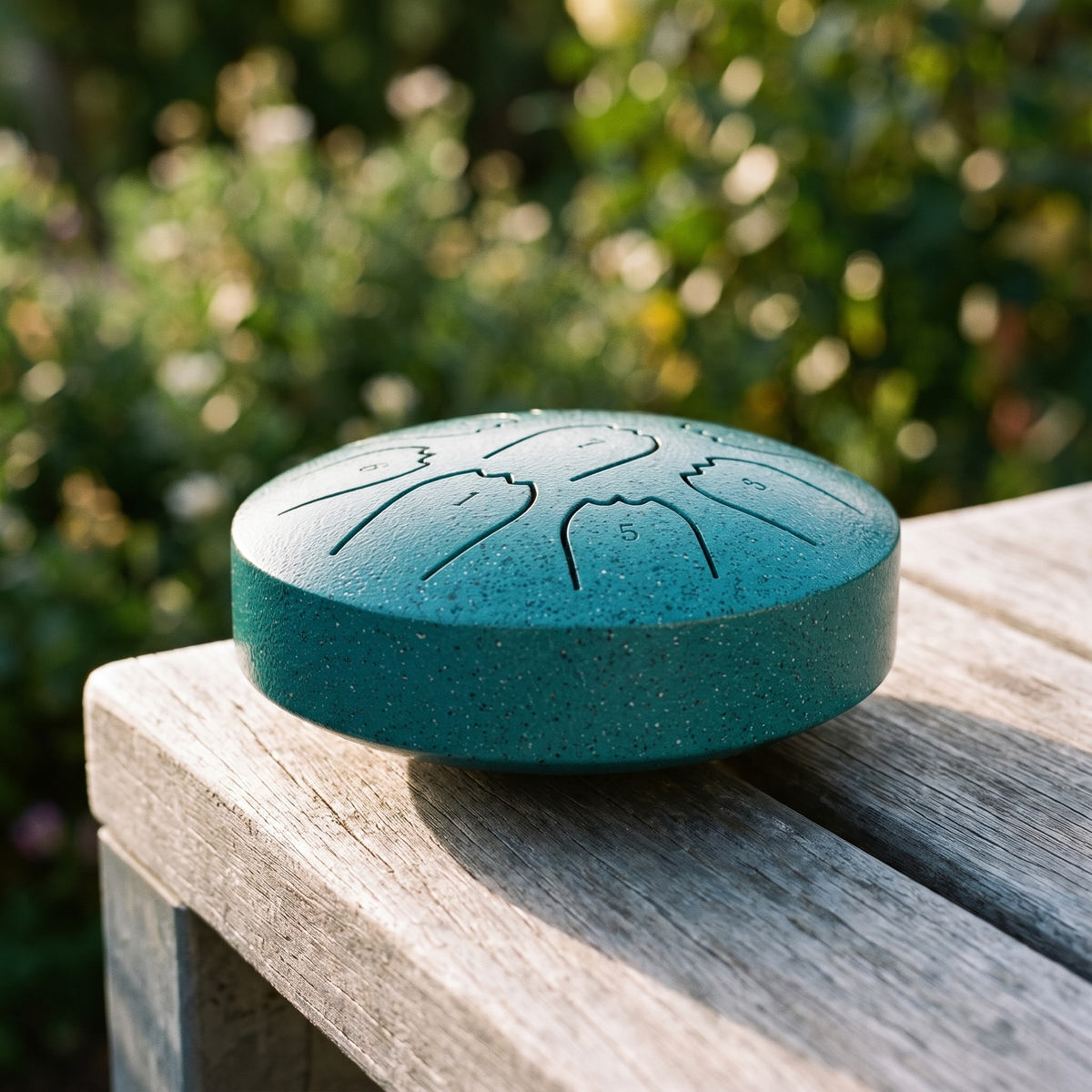 Teal hand-tuned rain drum on a weathered timber bench in morning light