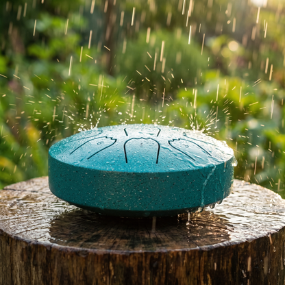 Rain falling on a hand-tuned rain drum sitting on a weathered chopping block