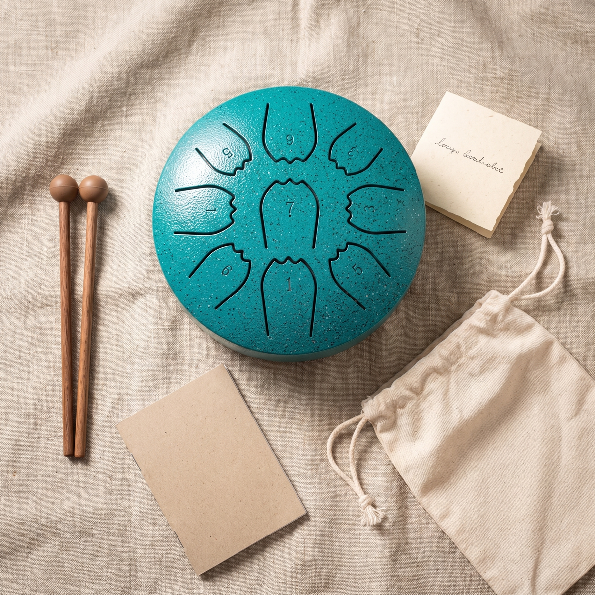 What is in the box: rain drum, two mallets, beginner songbook, cloth pouch and handwritten note
