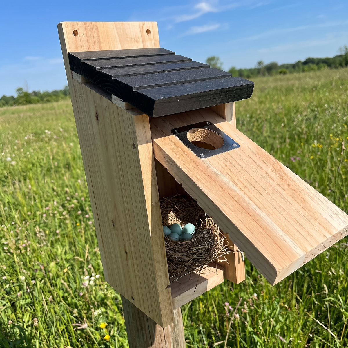Front swung open showing a nest with five blue eggs on the wire grid