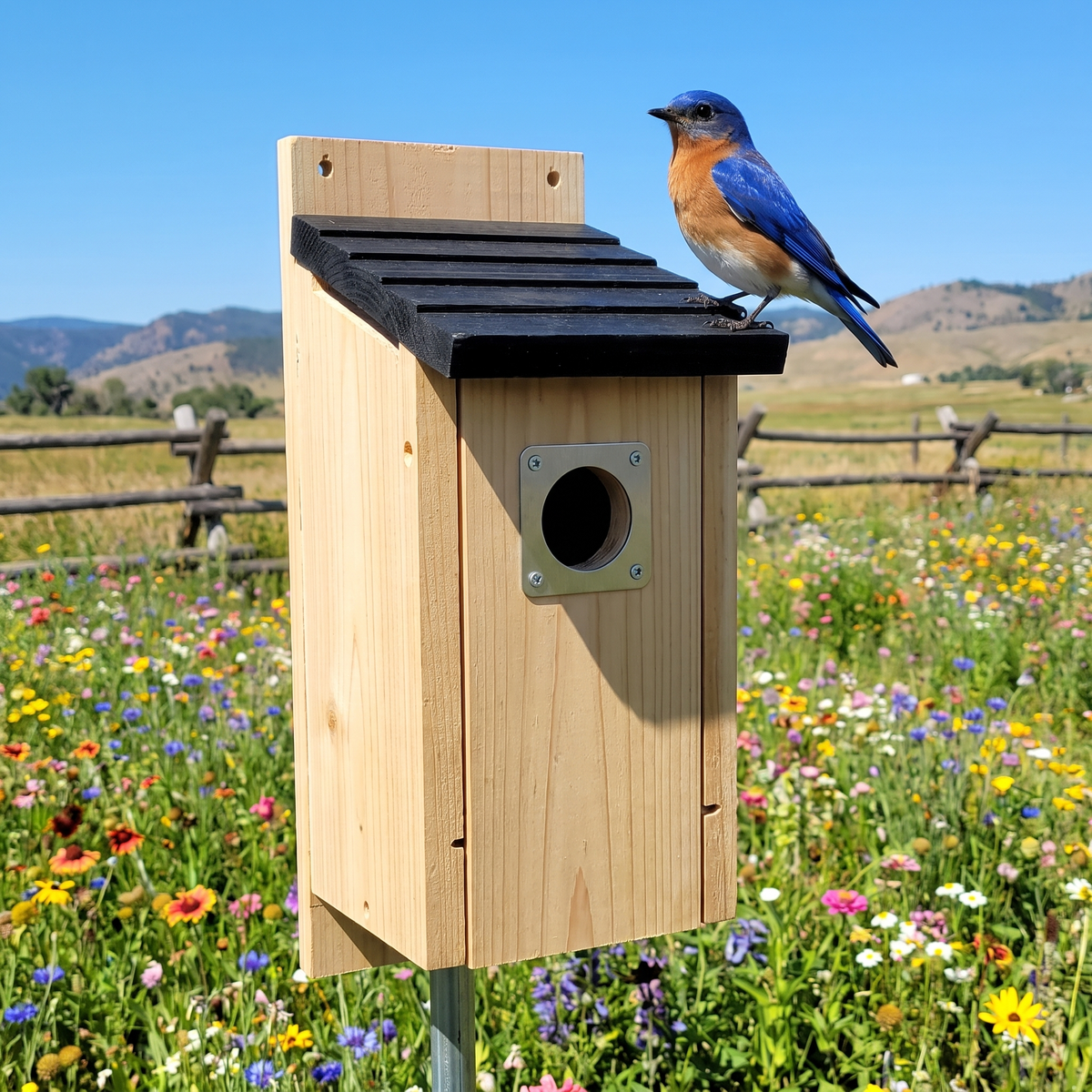 Harold's cedar bluebird house on a pole in a sunny meadow with a bluebird on the roof
