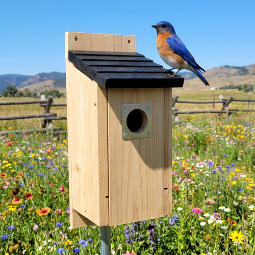 Harold's cedar bluebird house on a pole in a sunny meadow with a bluebird on the roof