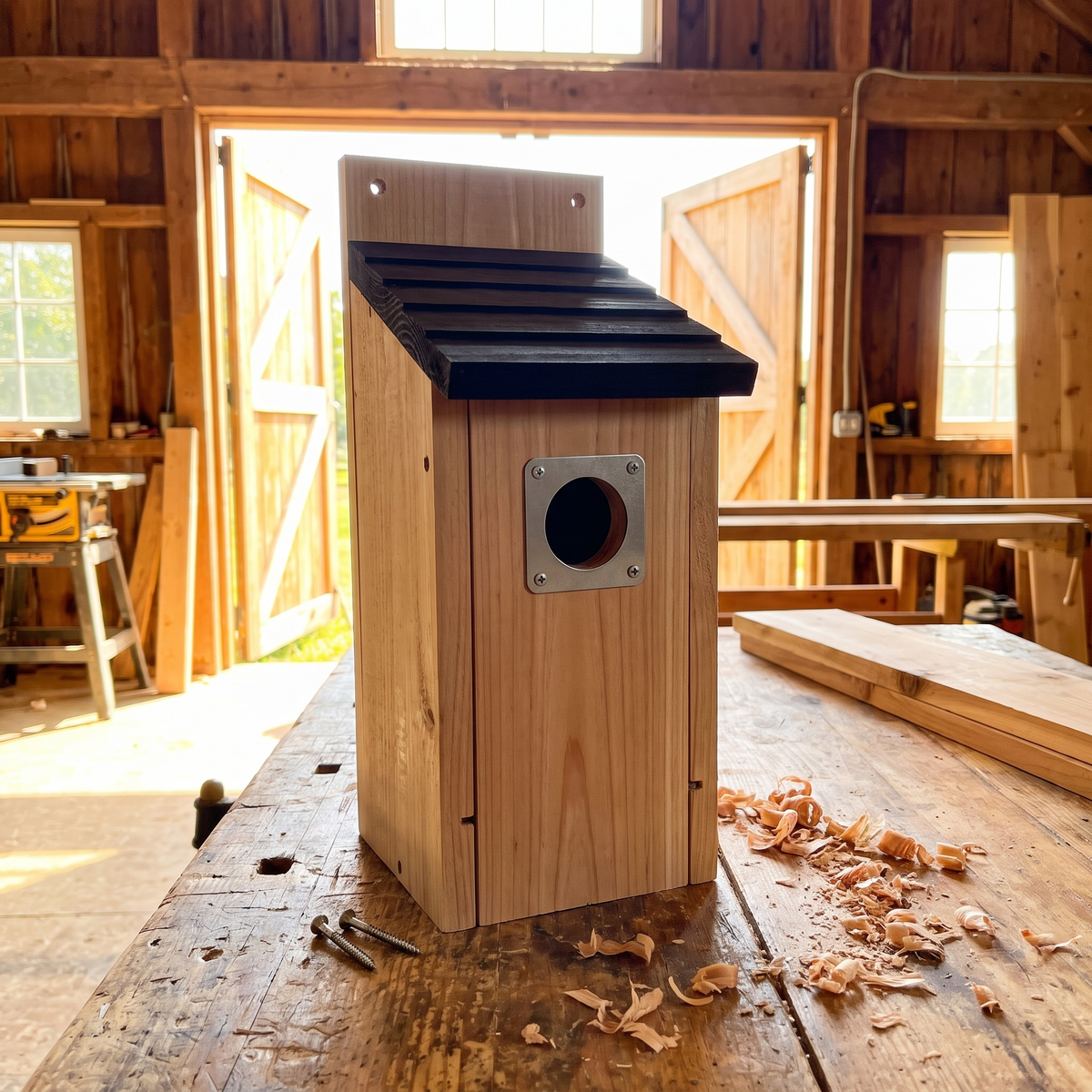 Cedar bluebird house on a workbench with mounting screws