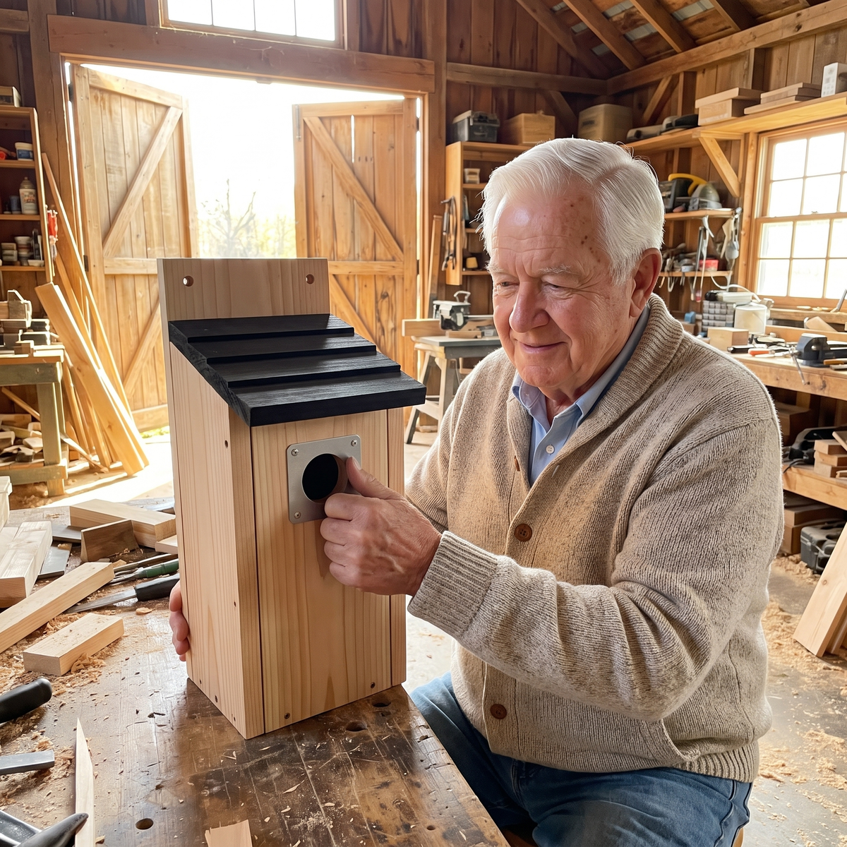 Harold Pruitt checking a finished box in his barn workshop