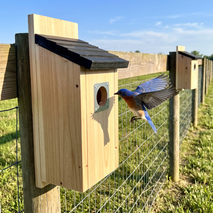 Two bluebird houses along a pasture fence, a bluebird flying in
