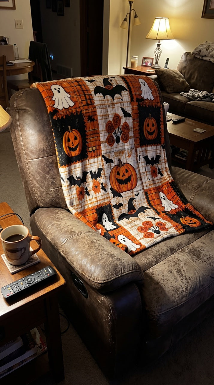 Halloween blanket over a leather recliner in the evening
