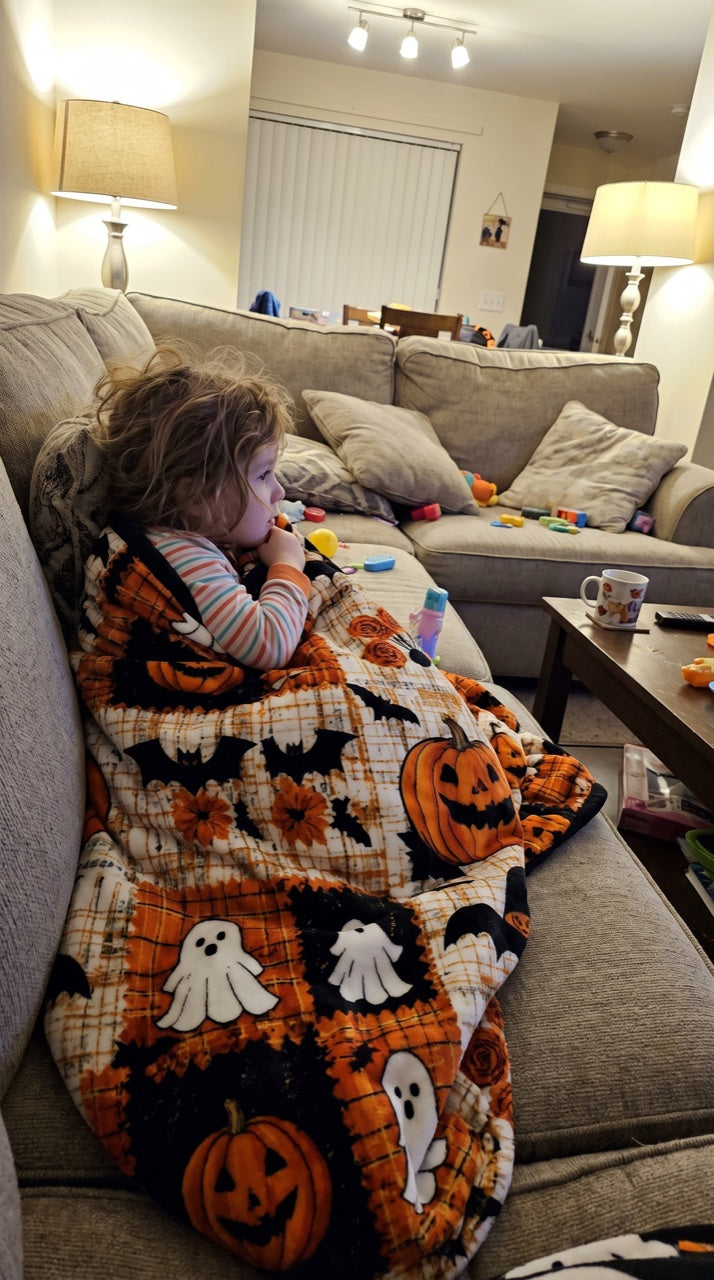 Child wrapped in the Halloween blanket on a sofa