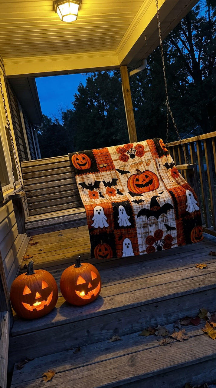 The blanket on a porch swing at dusk with lit jack-o-lanterns