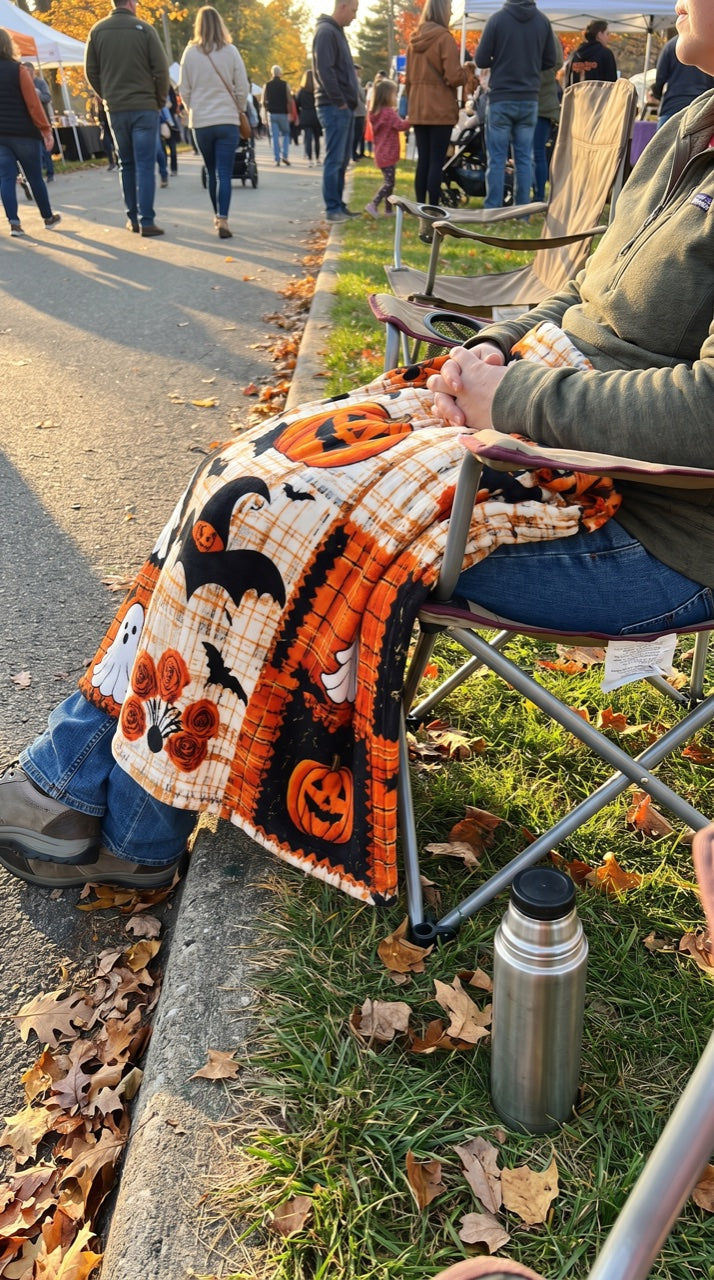 The blanket over a lap in a camp chair at an autumn event