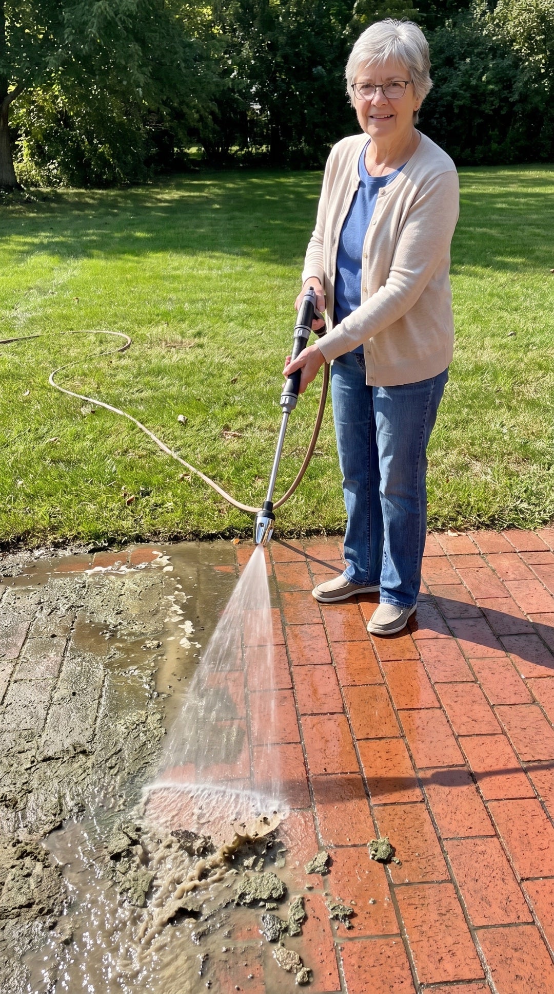 Marjorie cleaning her brick patio with the JetWand