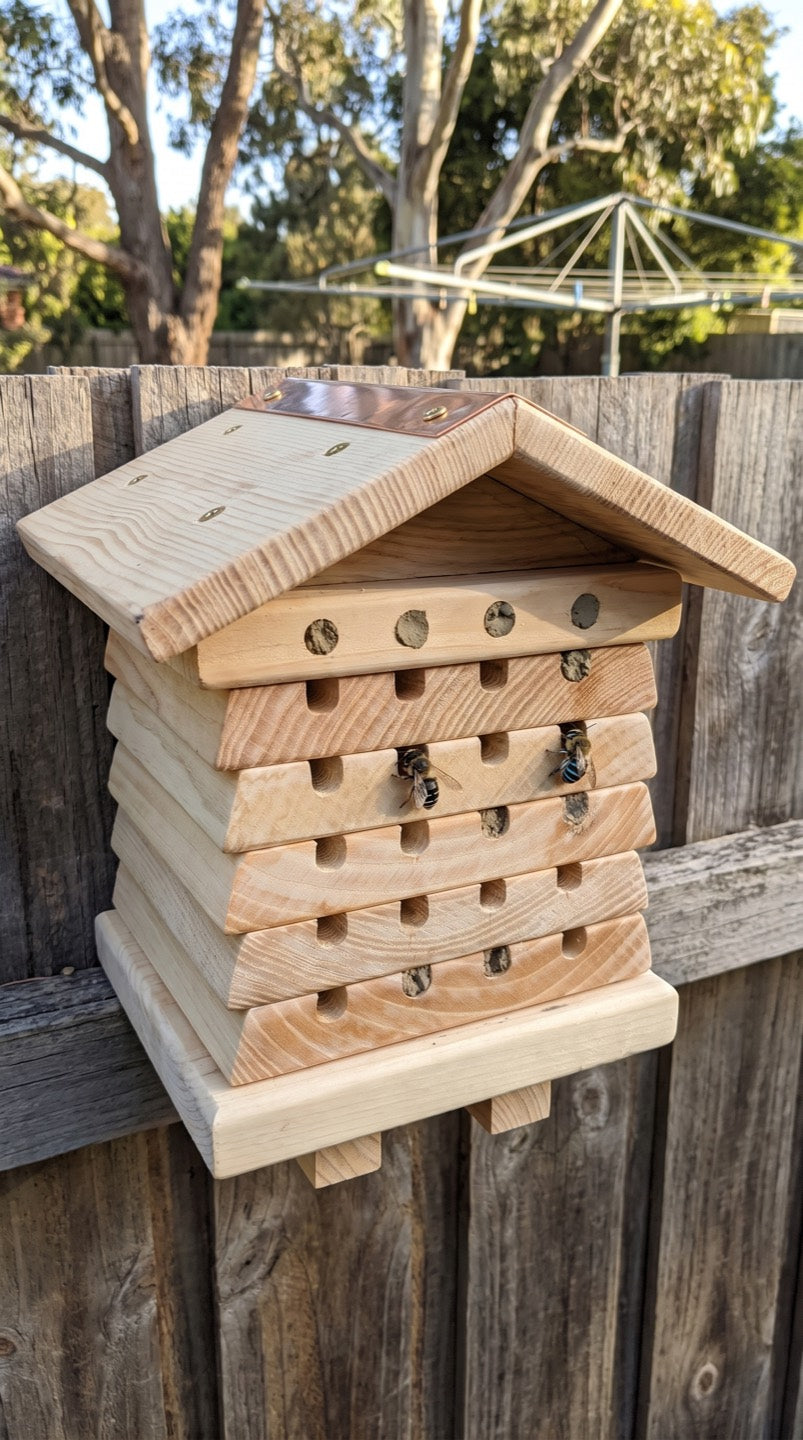 Cedar bee hotel on a garden fence with clay-capped bores and native bees at the openings