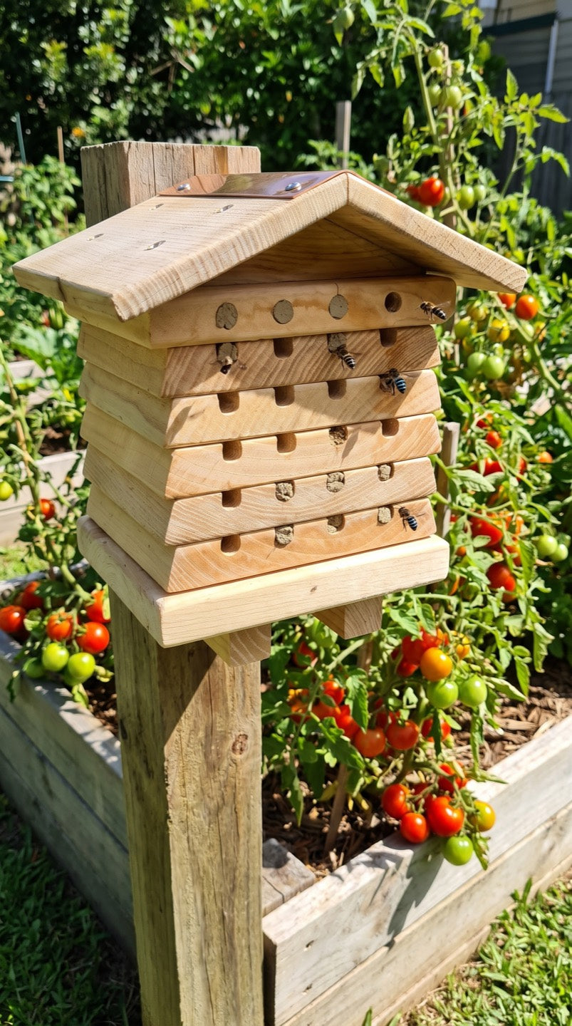 Cedar bee hotel on a post beside raised vegetable beds with ripening tomatoes