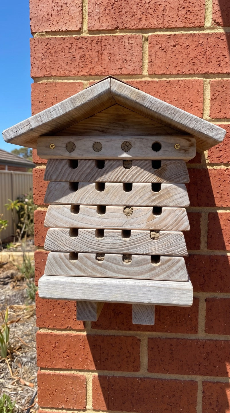 Weathered cedar bee hotel on a red brick wall after three summers, most bores capped