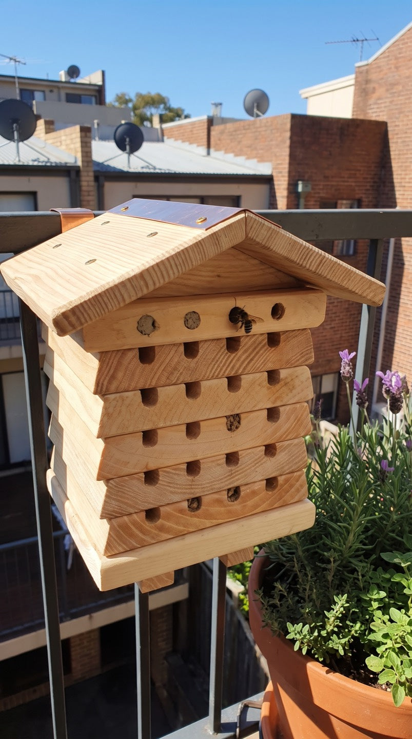 Cedar bee hotel fixed to an inner-city apartment balcony railing beside potted lavender and herbs