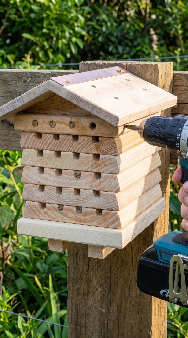A cordless drill beside the freshly mounted cedar bee hotel on a timber fence