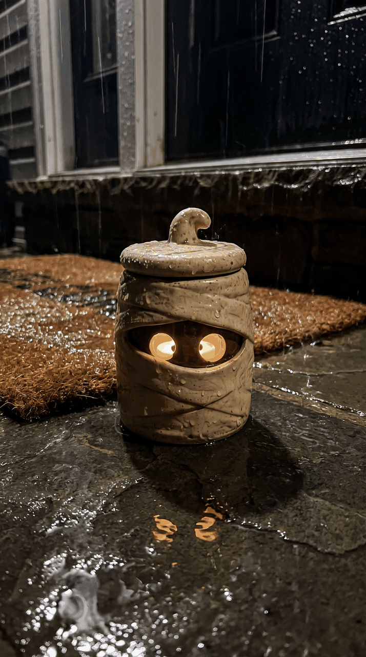 The mummy lantern still lit on a wet doorstep in the rain