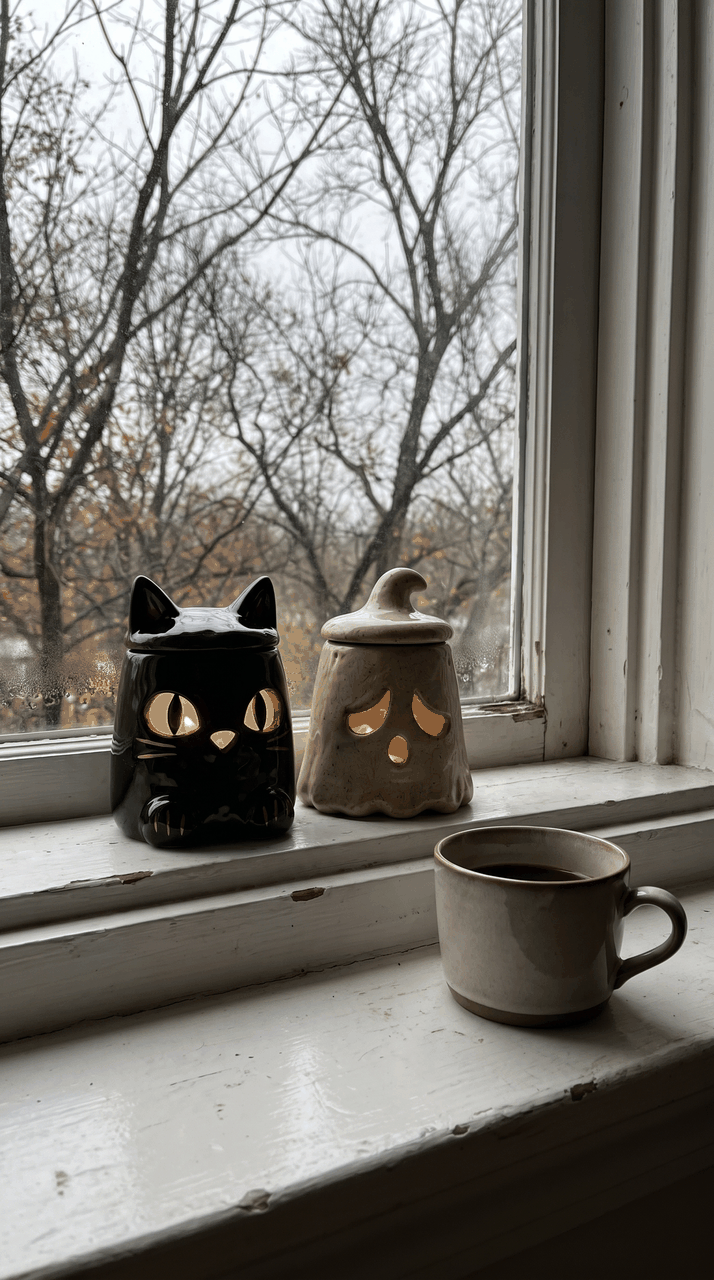 The cat and ghost lanterns lit together on a windowsill in November