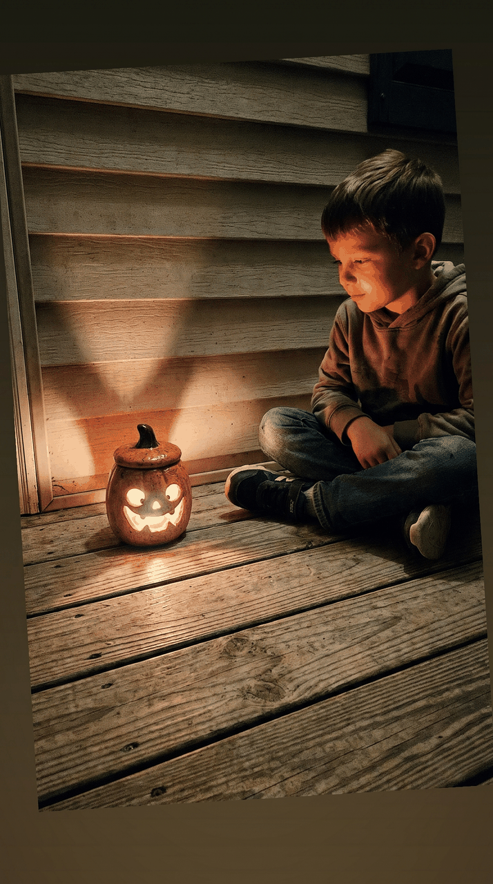 A boy watching the jack-o-lantern throw two cones of light up the porch wall