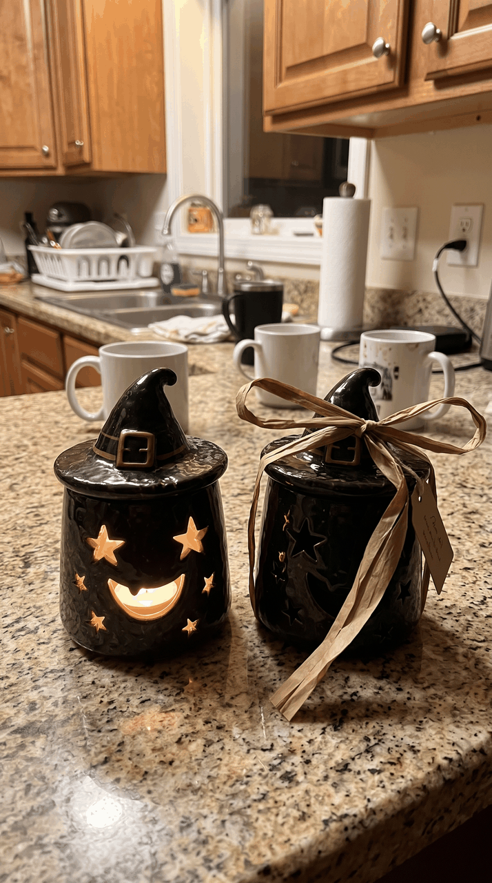 Two witch hat lanterns on a kitchen counter, one tied with a gift ribbon