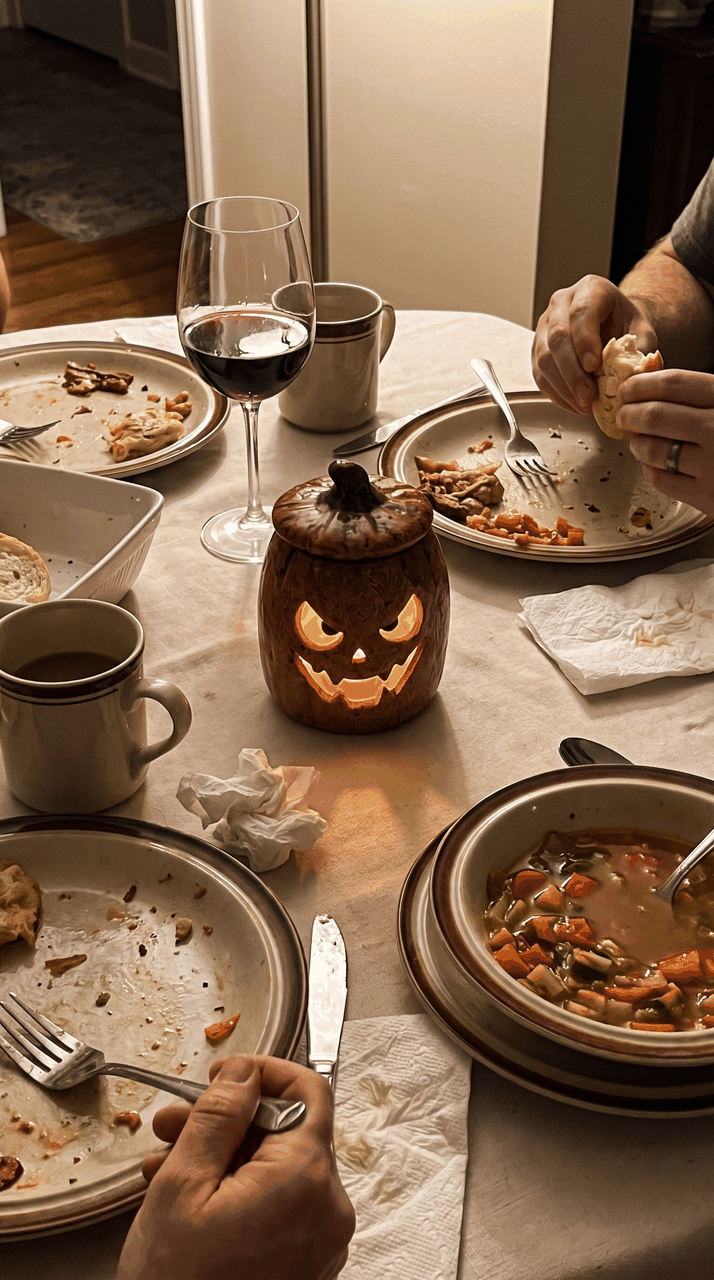 The wicked pumpkin lantern lit in the middle of a family dinner table
