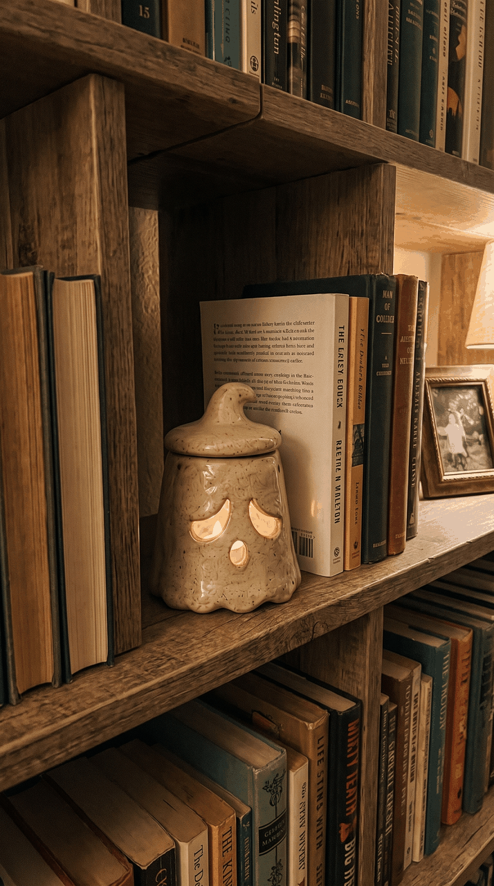 The ghost lantern lit on a bookshelf between rows of books
