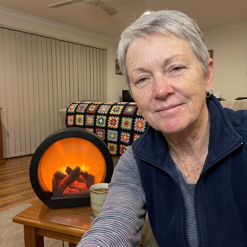 Customer selfie on her couch next to the glowing fireplace lantern